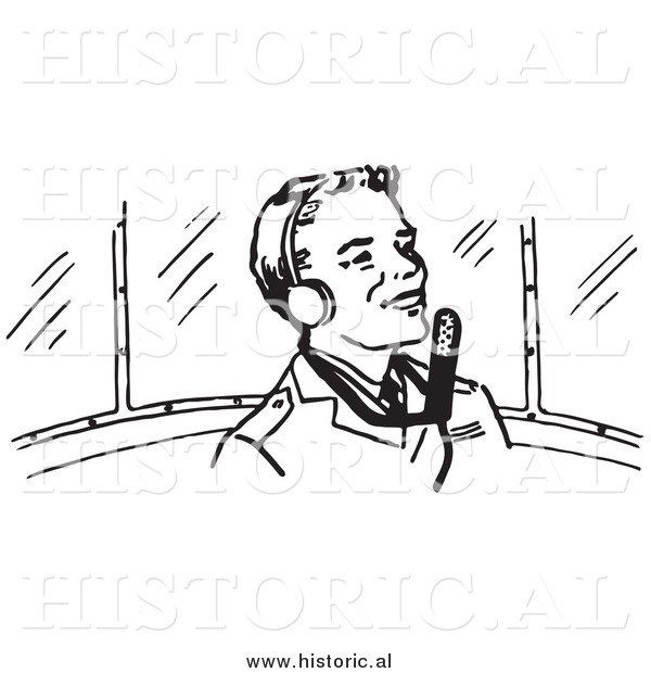 Clipart of a Smiling Pilot Wearing Headphones - Black and White Retro Drawing