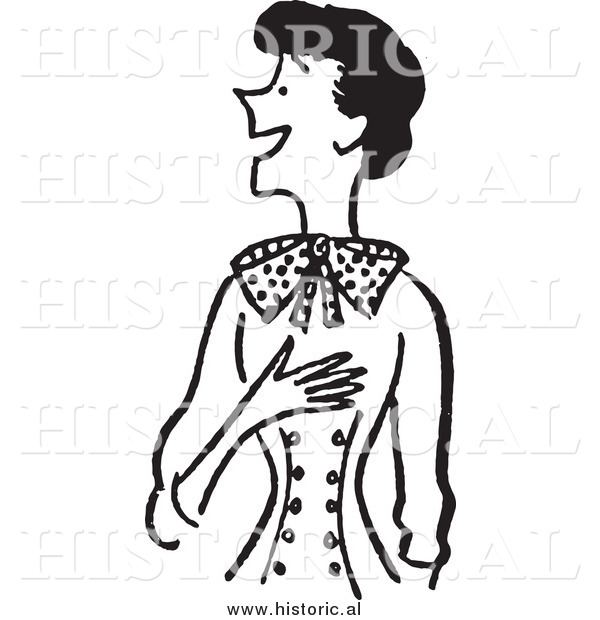 Clipart of a Smiling Woman Touching Her Chest While Looking Surprised - Retro Black and White Design