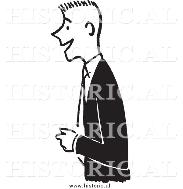 Clipart of a Smiling Young Man Wearing a Suit While Standing and Looking Engaged - Retro Black and White Design