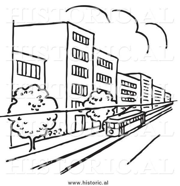 Clipart of a Tram Traveling Through a City with Buildings and Trees - Black and White Line Art