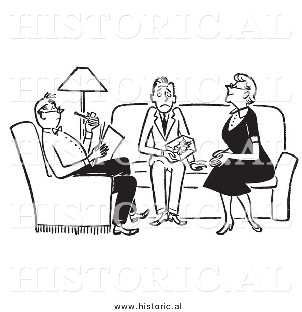 Clipart of Adults Sitting with Nervous Teenager in the Livingroom - Black and White Drawing