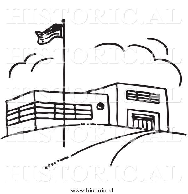 Clipart of an American Flag Beside School Building - Black and White Outline