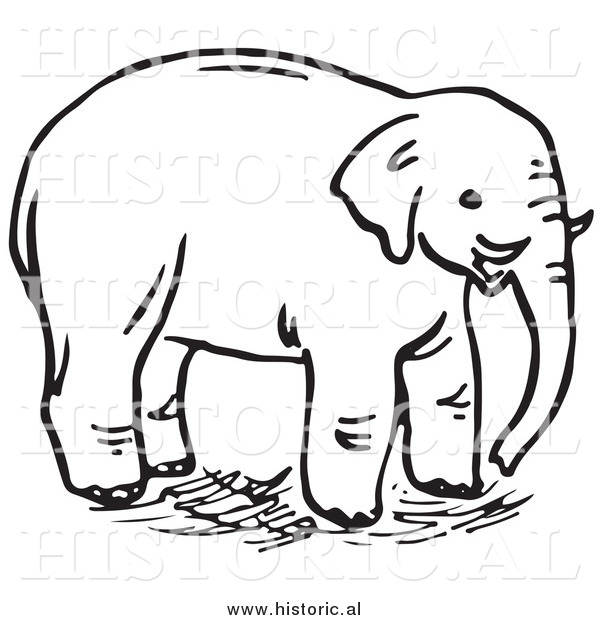 Clipart of an Elephant with Tusks - Black and White Line Art