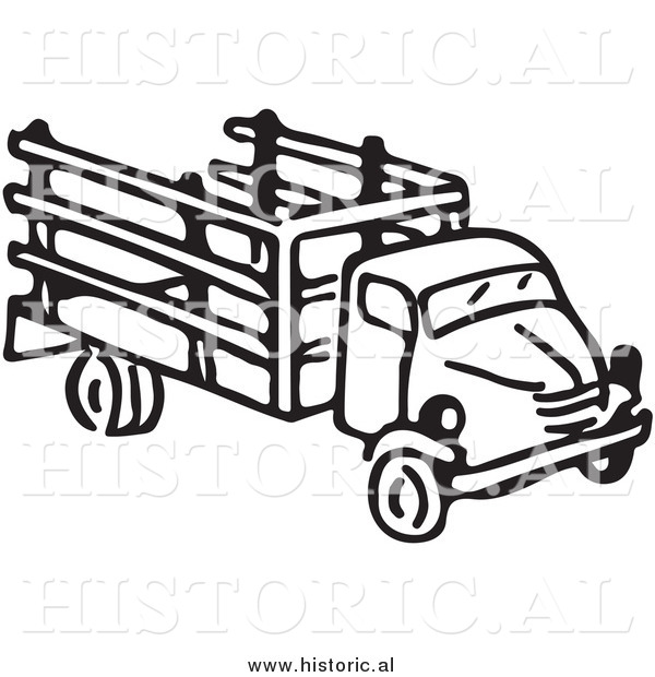 Clipart of an Old Farm Truck - Black and White Drawing