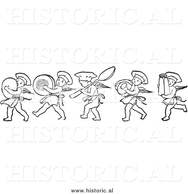 Clipart of Cherub Chefs Marching with Kitchen Supplies - Black and White Drawing