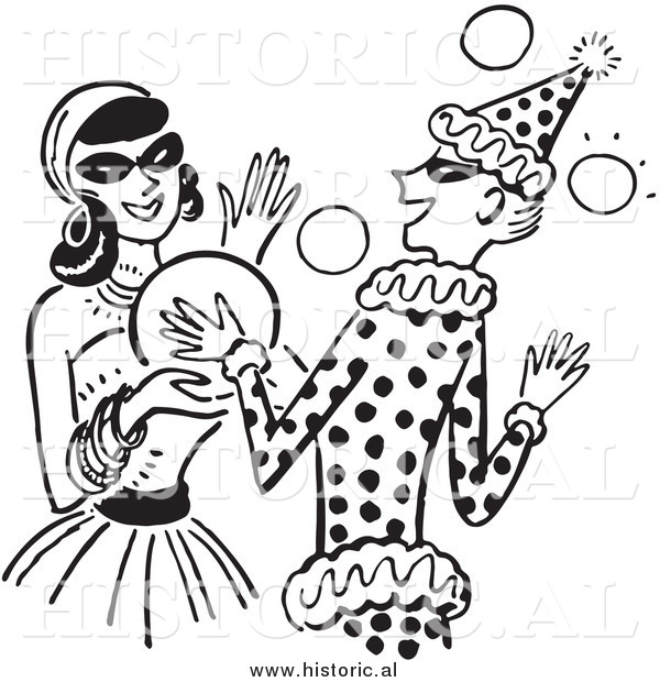 Clipart of Happy Girls Dancing at a Halloween Costume Party - Black and White Drawing