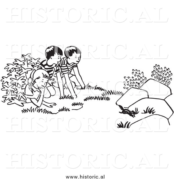 Clipart of Kids Watching a Chipmunk Run Outside - Black and White Outline