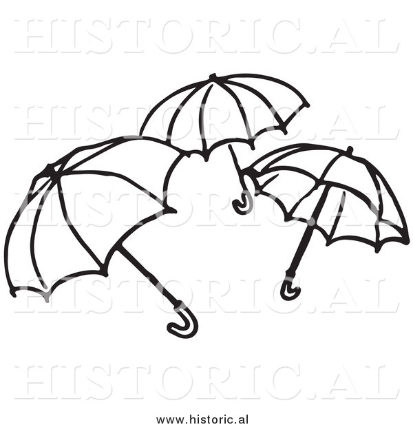 Clipart of Three Opened Umbrellas - Black and White Outline