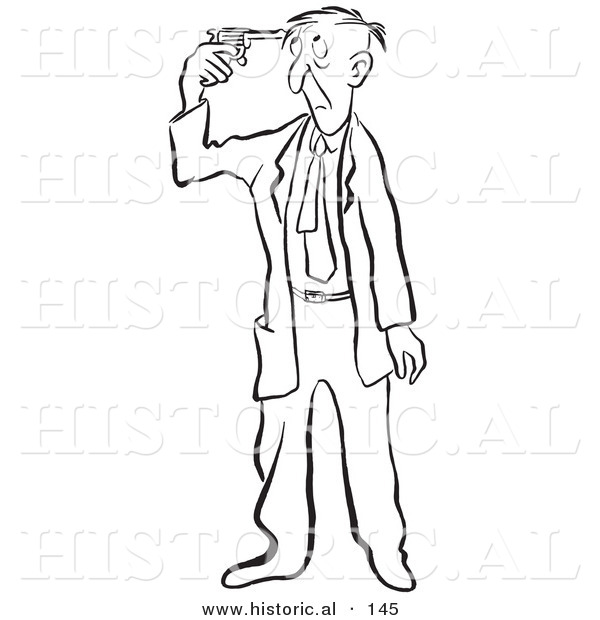 Historical Cartoon Illustration of a Suicidal Man Pointing a Gun to His Head - Outlined Version