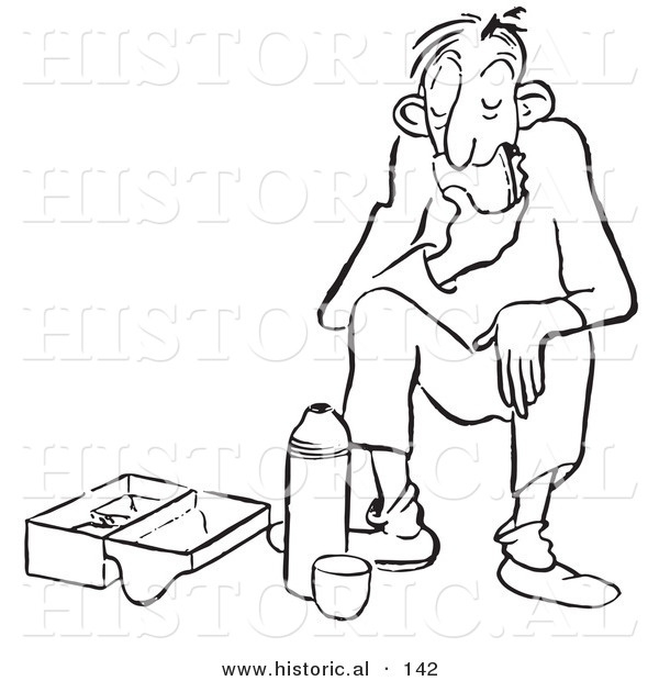 Historical Cartoon Illustration of a Tired Man Eating Lunch - Outlined Version