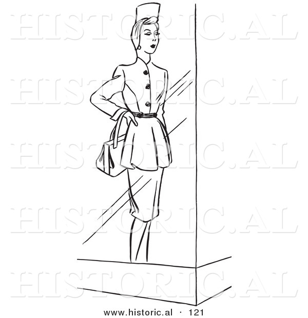 Historical Cartoon Vector Illustration of a Mannequin Wearing a Dress Featured Behind a Window - Black and White Outlined Version