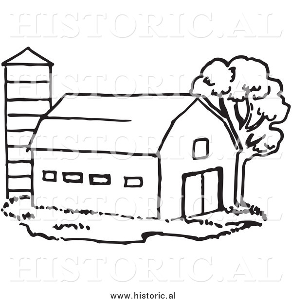 Historical Clipart of a Barn Beside Silo and Tree - Black and White Outline