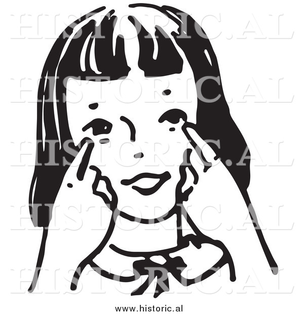 Historical Clipart of a Girl Pointing Towards Her Eyes - Black and White Outline