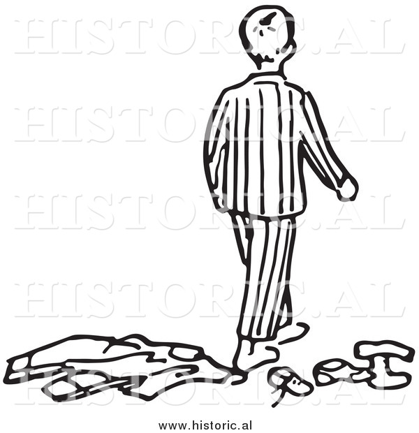 Historical Clipart of a Messy Boy Wearing Pajamas - Outline