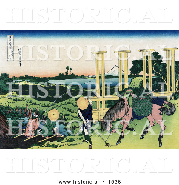 Historical Illustration of 2 People Fishing at a Weir in Senju, Musa, and One Person and Horse Transporting Rice Seedlings, Rice Paddies