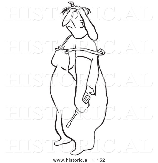 Historical Illustration of a Annoyed Cartoon Female Worker with a Wrench - Outlined Version