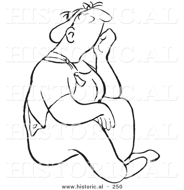 Historical Illustration of a Bored Cartoon Woman Sitting and Waiting - Outlined Version