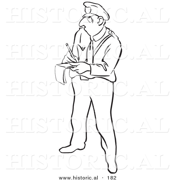 Historical Illustration of a Cartoon Police Officer Writing Someone a Ticket - Outlined Version