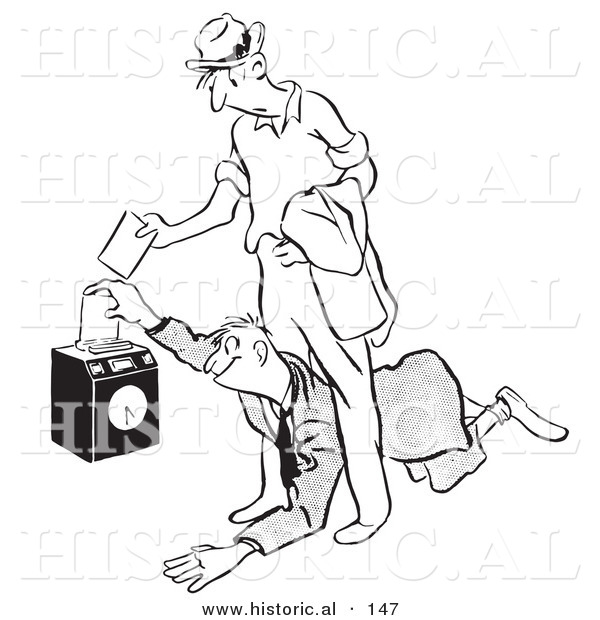 Historical Illustration of a Cartoon Worker Diving Under Another to Clock in First at Work - Outlined Version