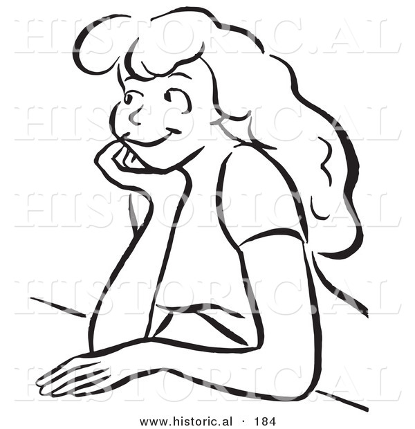 Historical Illustration of a Daydreaming Cartoon Girl Leaning Against Counter While Smiling - Outlined Version