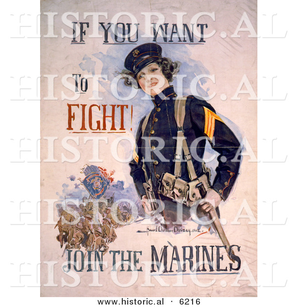Historical Illustration of a Female Marine - if You Want to Fight - Join the Marines