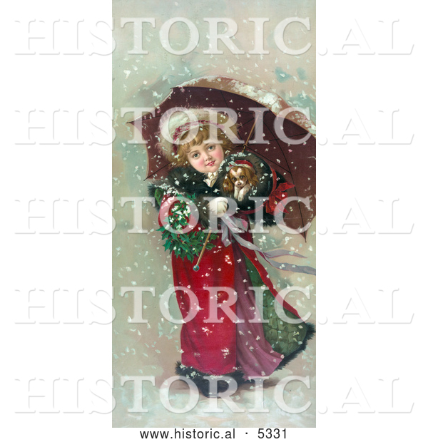 Historical Illustration of a Girl and Dog in Snow Storm