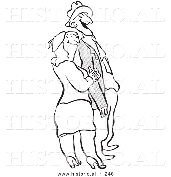 Historical Illustration of a Happy Cartoon Couple Smiling - Outlined Version