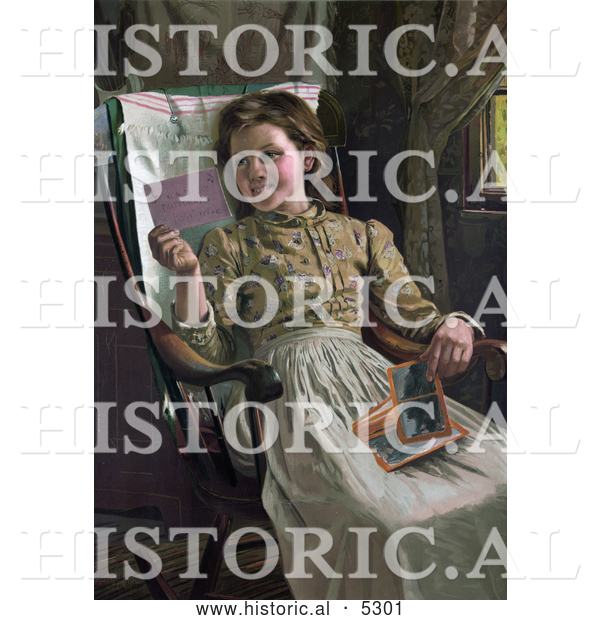 Historical Illustration of a Happy Girl Sitting in a Rocking Chair and Looking at Photographs