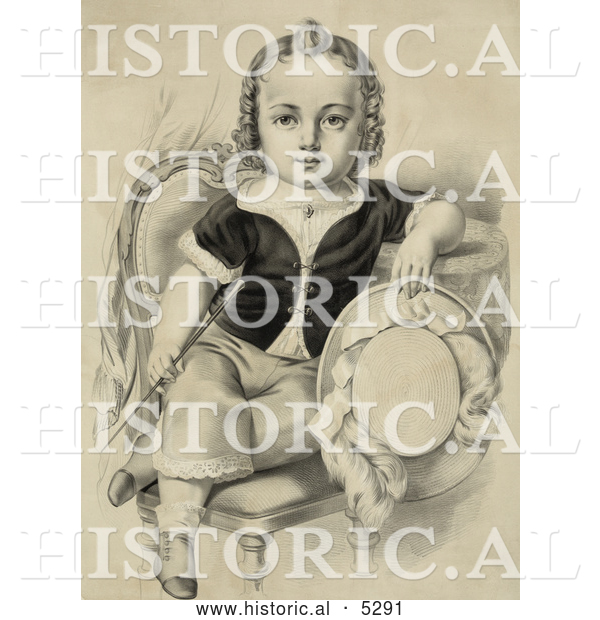 Historical Illustration of a Little Boy or Girl Sitting in a Chair, Holding a Riding Crop and Hat