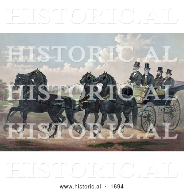 Historical Illustration of a Man and His Three Sons in a Carriage Being Pulled by Four Beautiful Black Horses