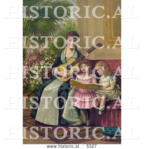 Historical Illustration of a Mother and Two Little Girls Singing a Christmas Carol