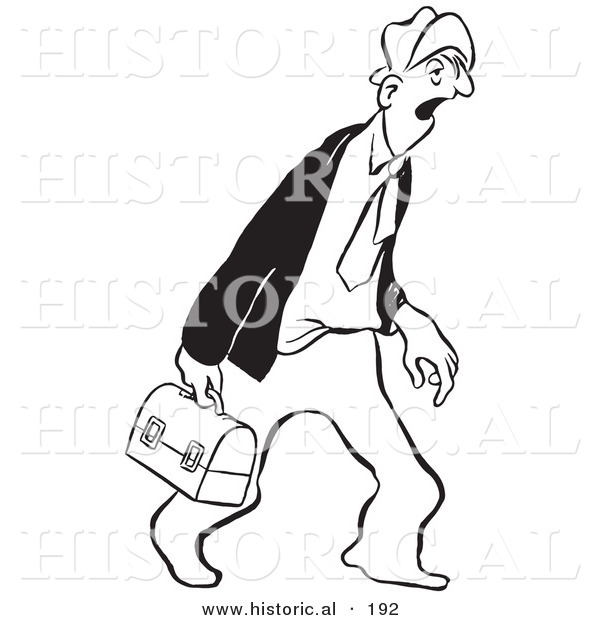 Historical Illustration of a Tired Cartoon Businessman Carrying His Lunch Box While Yawning - Outlined Version