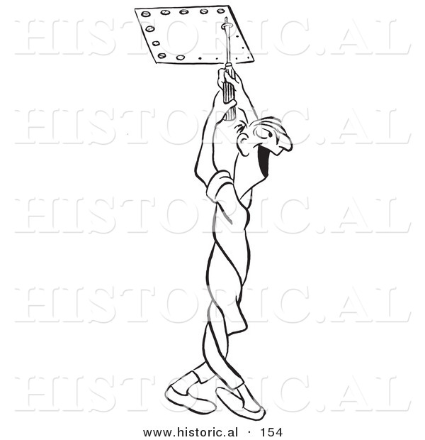 Historical Illustration of a Twisted Cartoon Male Worker Unscrewing Bolts with a Big Happy Smile - Outlined Version