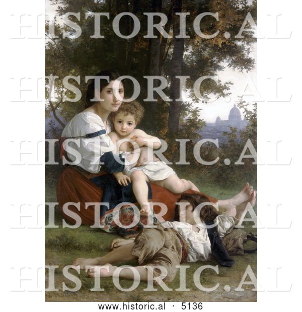 Historical Illustration of a Woman and Her Two Children Resting by Trees, Rest by William-Adolphe Bouguereau