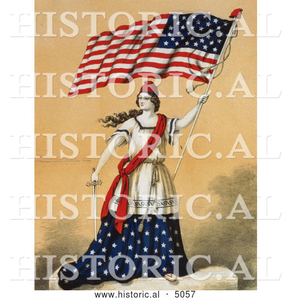 Historical Illustration of a Woman, Portrayed As Lady Liberty, Holding a Sword and American Flag