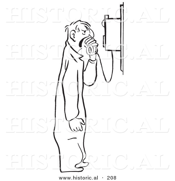 Historical Illustration of an Angry Cartoon Mechanic Yelling into a Phone - Outlined Version