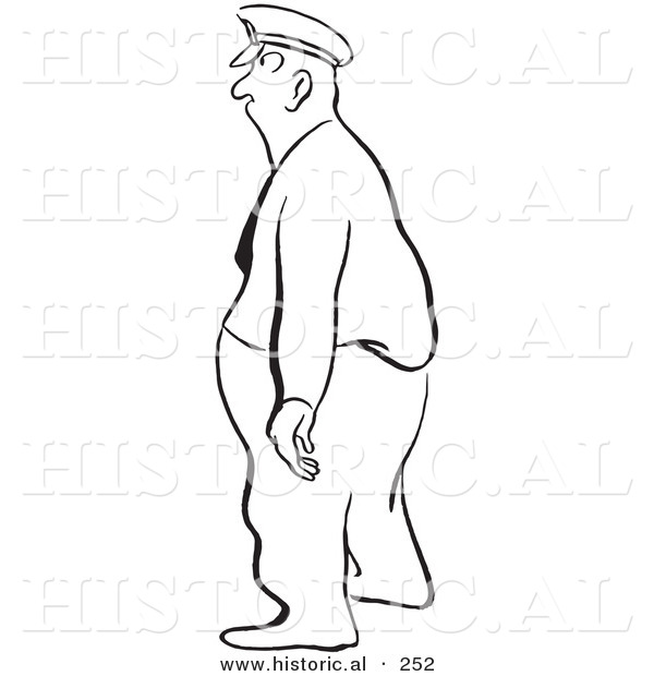 Historical Illustration of an Obese Cartoon Police Man Standing and Facing Left - Outlined Version