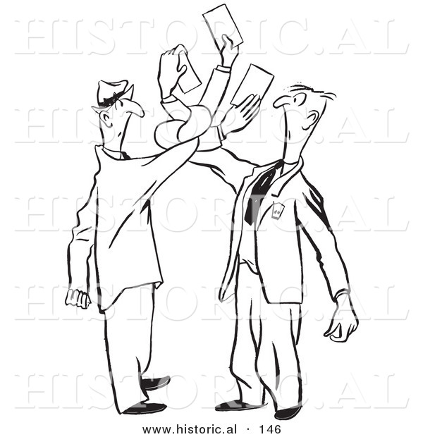 Historical Illustration of Cartoon Men Trying to Exchange Cards While Getting Tangled up - Outlined Version