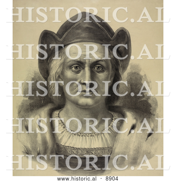 Historical Illustration of Christopher Columbus Facing Front and Wearing a Hat