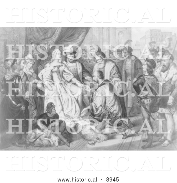 Historical Illustration of Christopher Columbus Kneeling in Front of Queen Isabella I - Black and White Version