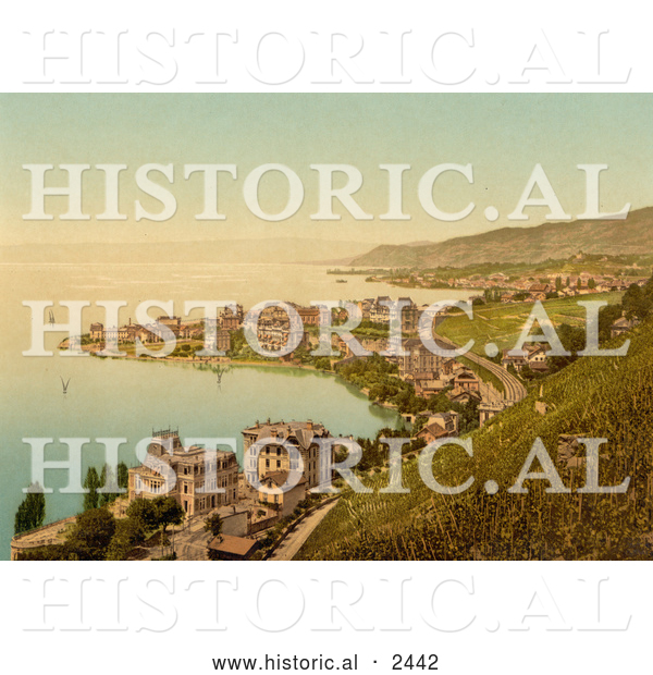 Historical Illustration of Coastal Village of Montreux and Clarens, Switzerland