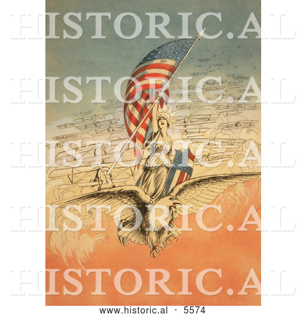 Historical Illustration of Columbia on an Eagle, Holding Flag, Followed by Airplanes