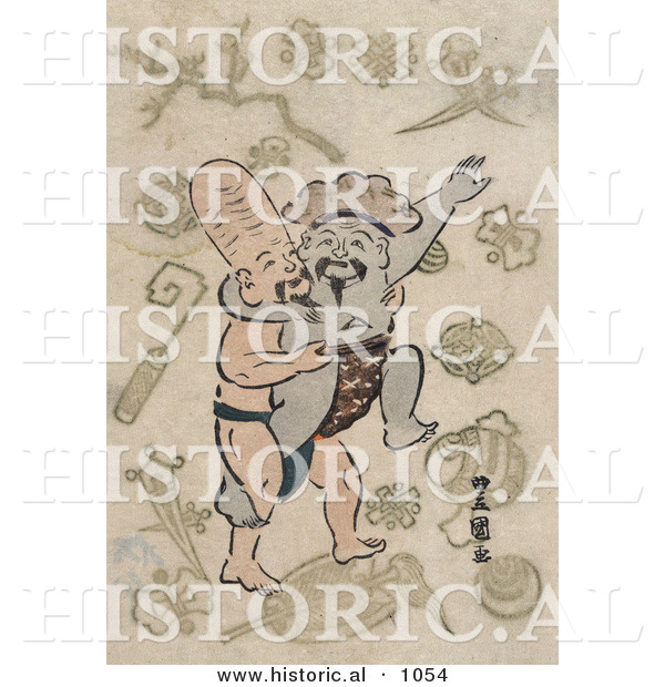 Historical Illustration of Daikoku and Fukurokuju, Sumo Wrestling