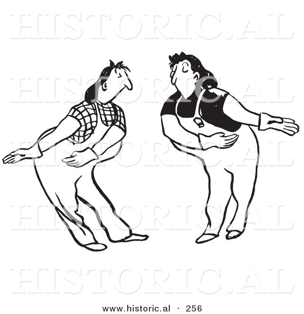 Historical Illustration of Female Cartoon Workers Bowing to Each Other While Permitting the Other to Proceed - Outlined Version