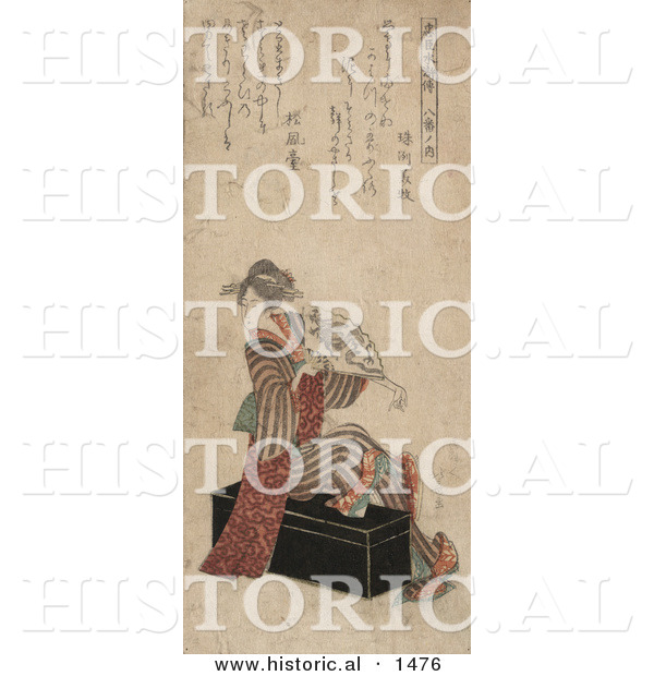 Historical Illustration of Geisha Woman Sitting on a Trunk and Holding a Fan