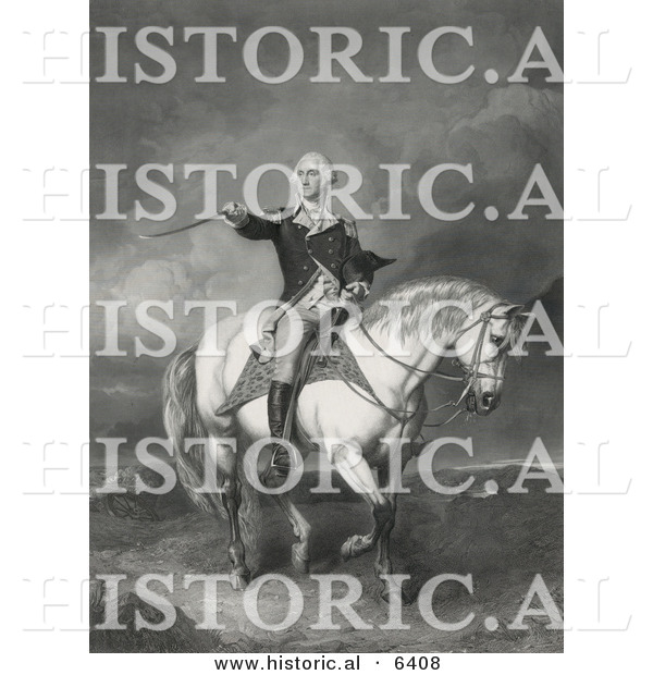 Historical Illustration of George Washington Riding Horse While Holding His Hat and Pointing His Sword