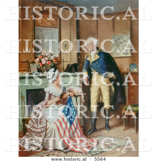 Historical Illustration of George Washington Watching Betsy Ross Sew the American Flag