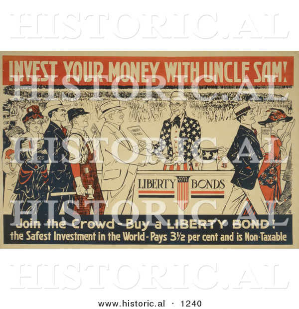 Historical Illustration of Invest Your Money with Uncle Sam - Join the Crowd - Buy Liberty Bonds