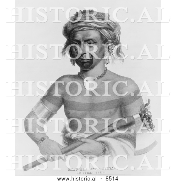 Historical Illustration of Ioway Indian Chief Named Shau-Hau-Napo-Tinia - Black and White Version