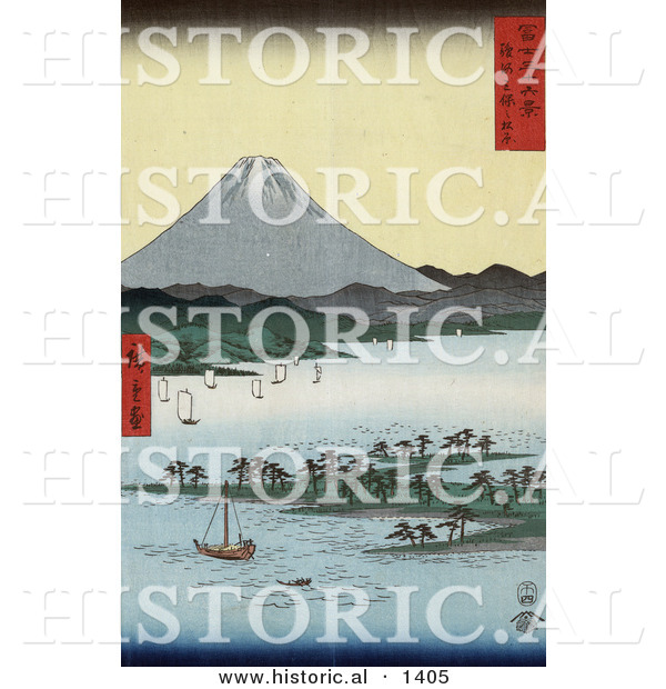 Historical Illustration of Japanese Sailboats Around Pine Grove on Promontory near Mt Fuji, Suruga Bay, Miho, Japan